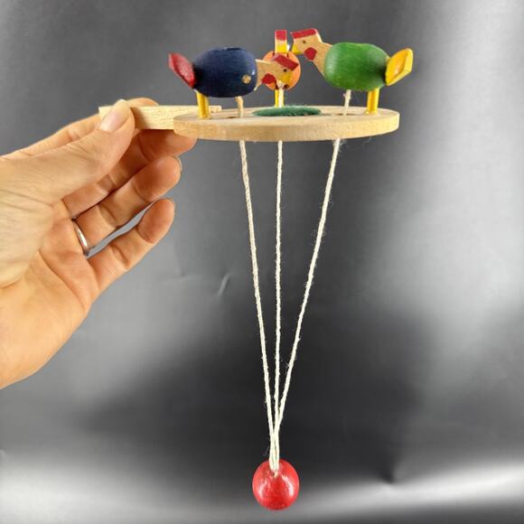 Vintage Colorful Pecking Chickens Hens Paddle Toy Wood Folk Art - Picture 1 of 9